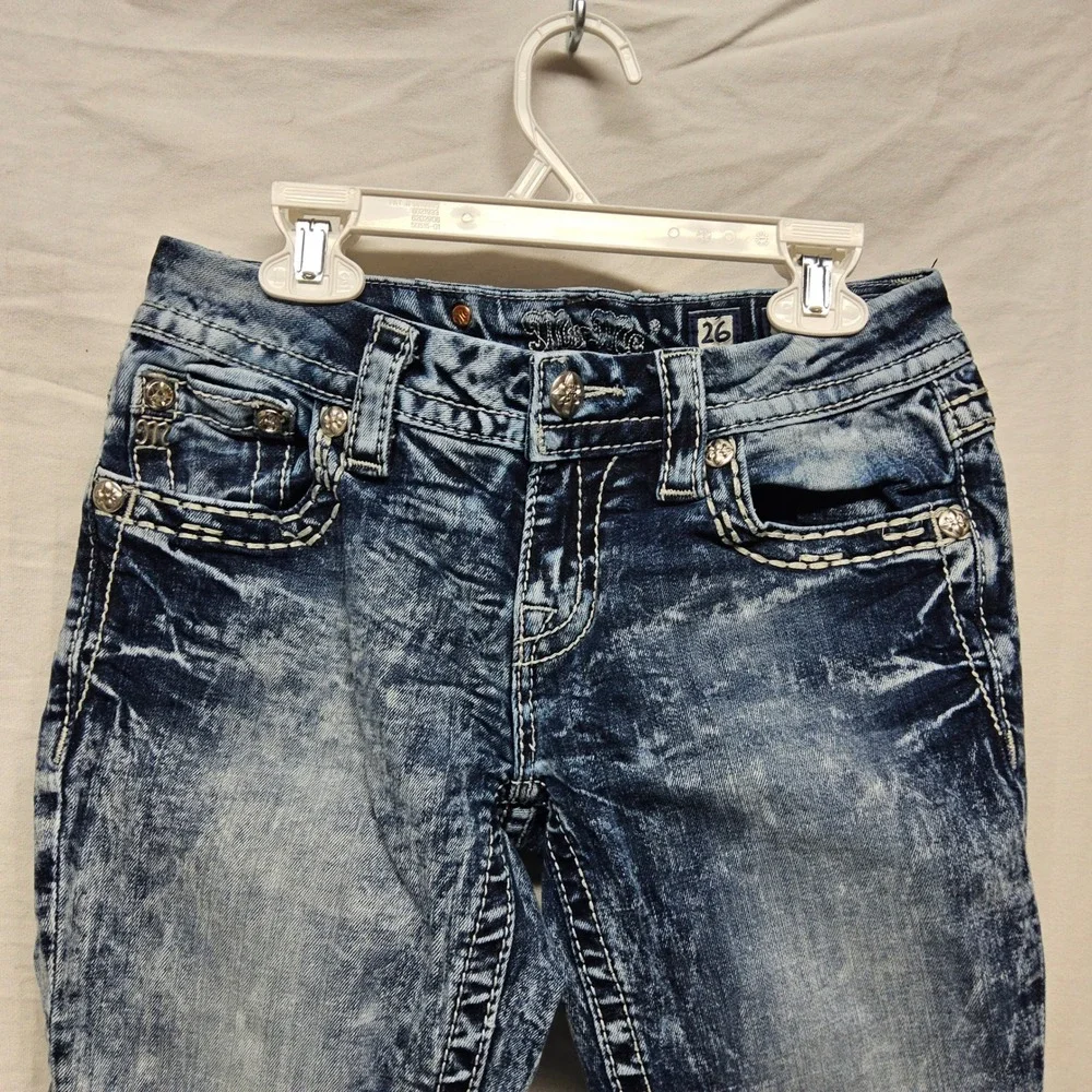 Miss Me Signature Boot Jeans Womens 26 Blue Acid Wash Embellished Low Rise 31x26